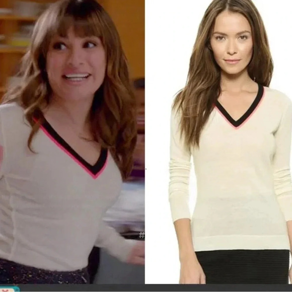 Rag & Bone Cashmere Wool Cream V-Neck Sweater Small Striped Neon Pink Black Neck - Picture 4 of 7